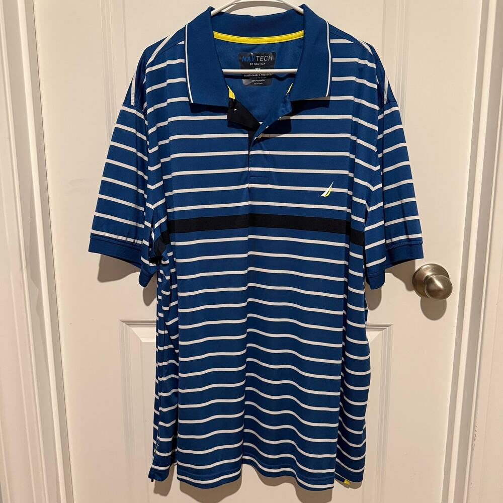 Nautica Navtech Men’s 3XL Blue Striped Performance Polo Shirt Golf Sail Logo